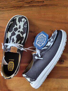 Hey Dude Wendy Animal Black Cow Print Comfort ShoesTextile Slip On  Snickers J7